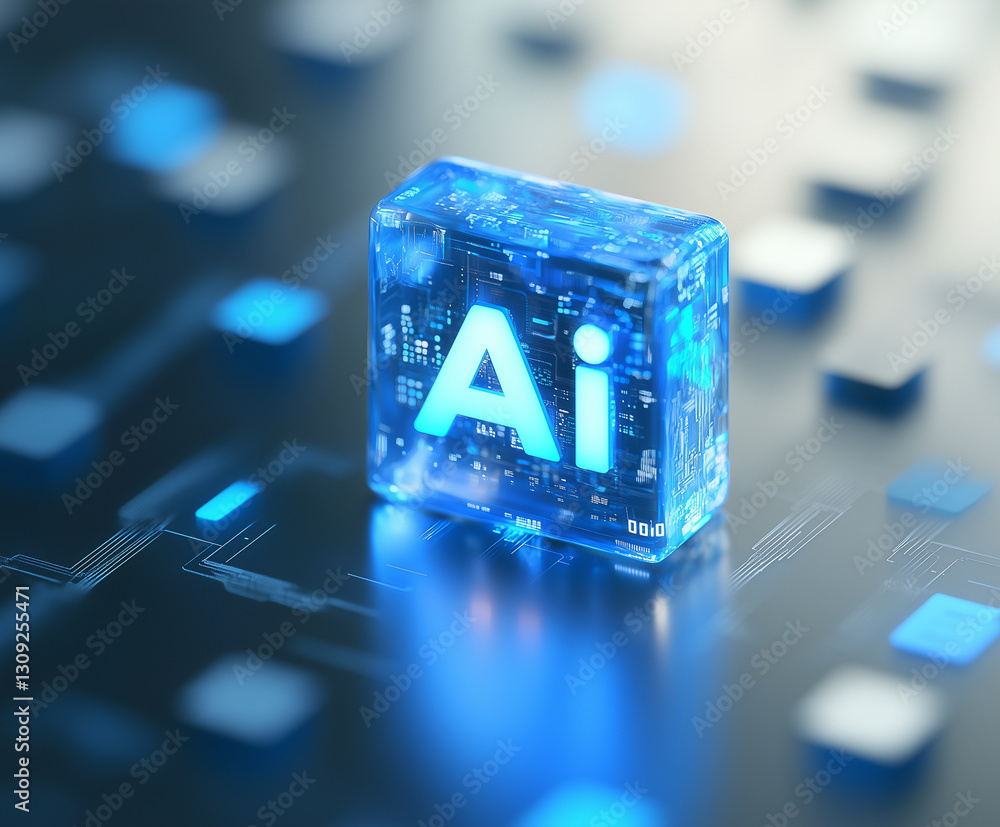 Poster modern blue background featuring glowing ai block, symbolizing technology and innovation. design ref