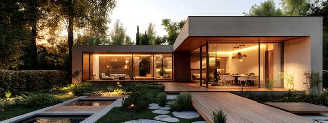 A modern house with large windows and a wooden terrace
