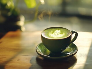 green asian teapot and cups on wooden table and green wall, shadow overlay . ai generated