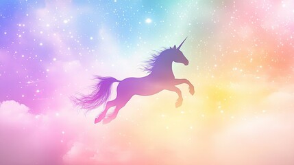Obraz premium A magical pastel rainbow sky featuring a silhouette of a flying unicorn surrounded by sparkling stars.