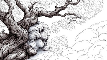 Gnarled Tree and Small Figure in Black and White Stipple Illustration