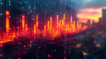 Fototapeta premium Dynamic City Skyline with Glowing Digital Charts Representing Financial Data and Market Trends at Sunset