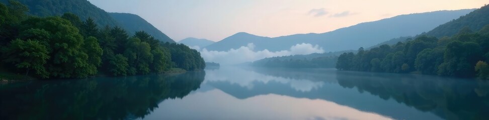 long exposure of a river with trees and fog on the surrounding hills, landscape, forest, river