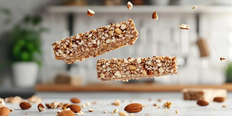 Floating homemade granola bars with nuts on a blurred kitchen background