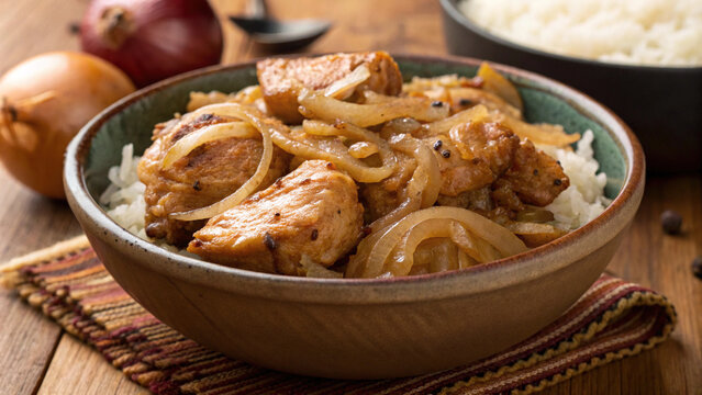 delicious bowl of chicken yassa with onions served over rice, showcasing vibrant flavors and textures