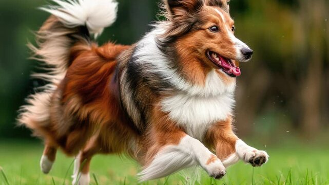 Brown and white dog jumping over wooden fence