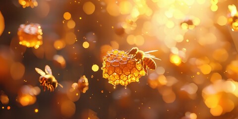 Floating honeycomb on a blurred beehive background