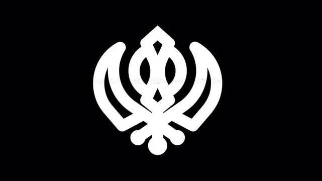 Icon khanda is distorted. Glitch. Noise, chromatic aberration, geometric distortion. Transparent background, looped. In-Out looped. Alpha BW at the end