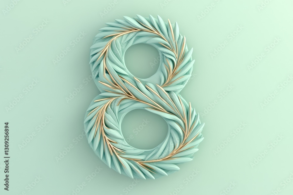 Poster a delicate and artistic representation of the number 8 crafted from curved leaves against a soft min