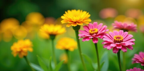 Obraz premium Pink and yellow Gerbera flowers in a garden with green grass, yellow, garden