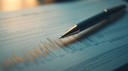 Macro shot of a financial document with a rising bar chart, sleek pen resting on paper, soft lighting, professional investment atmosphere 