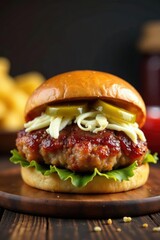 Pork knuckle on a bun with coleslaw and pickles, BBQ, condiments, pickles