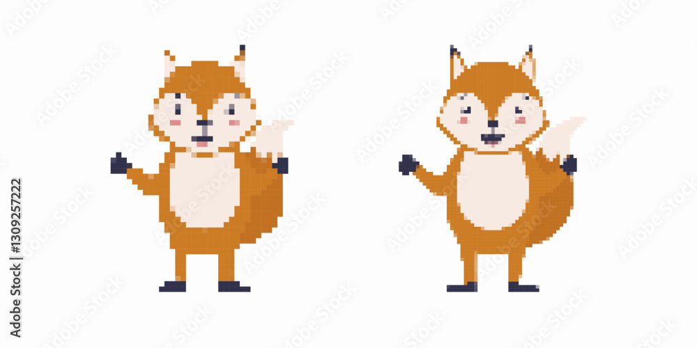Poster a pair of pixel art foxes smile with arms up, displaying distinct expressions and slight differences