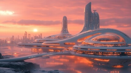 Futuristic city sunset, glowing towers, calm waters.