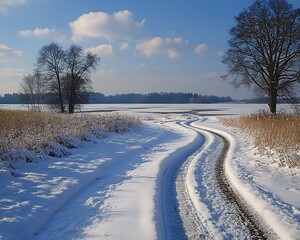 Winding snow-covered road through winter landscape.