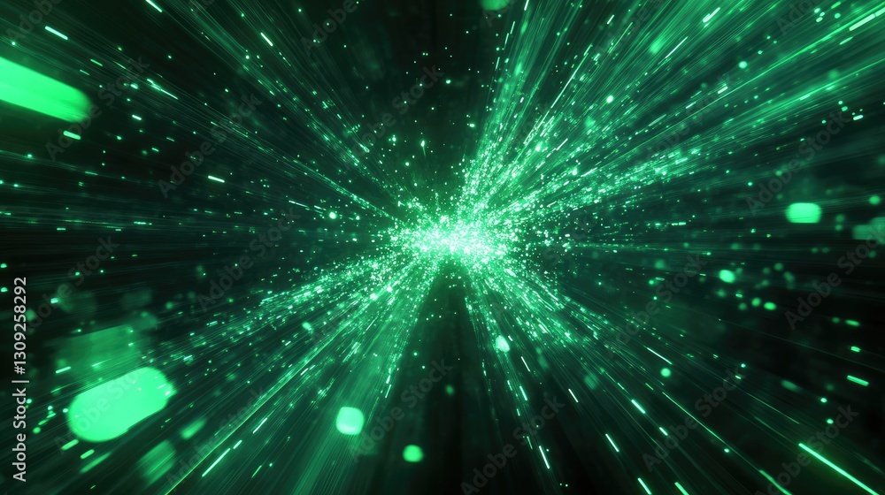 Poster a neon-inspired abstract design with bright green light rays bursting dynamically in a dark digital 