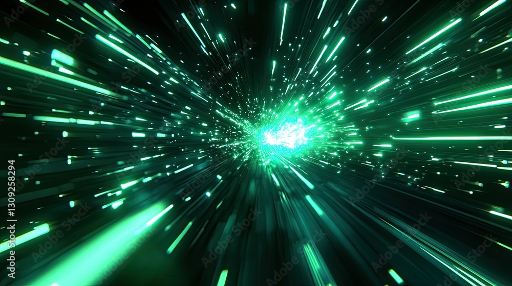 Poster a neon-inspired abstract design with bright green light rays bursting dynamically in a dark digital 