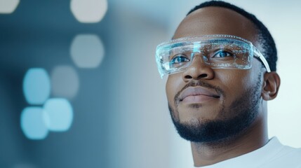 African male adult wearing futuristic ar glasses with digital overlay