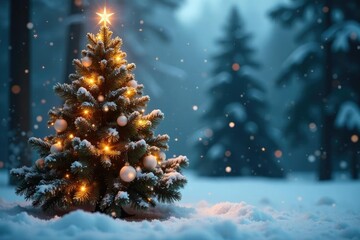 Snowflakes fall gently around the towering Christmas tree, snowflakes, sparkling, leaves