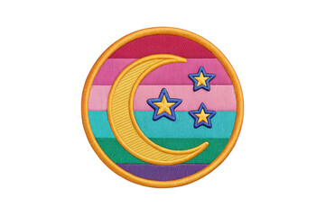 Colorful embroidery patch featuring crescent moon and stars with rainbow stripes background