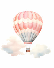 Fototapeta premium Watercolor hot air balloon floating among soft clouds in a pastel sky during a serene morning