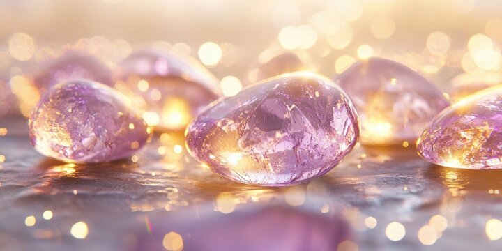 Floating kunzite stones with a pale lavender glow on a soft gold background