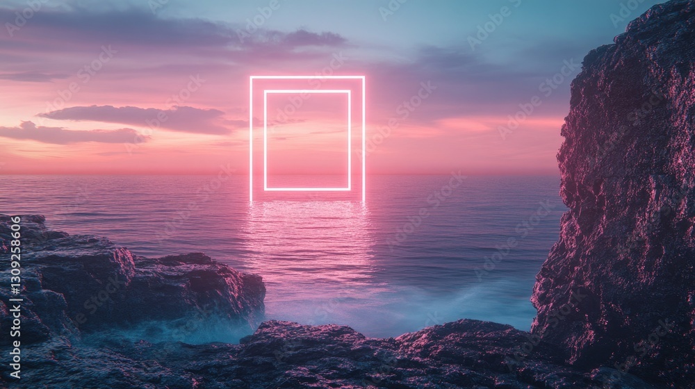 Poster a peaceful ocean view with a neon geometric square floating above the rocky cliffs, creating a spiri
