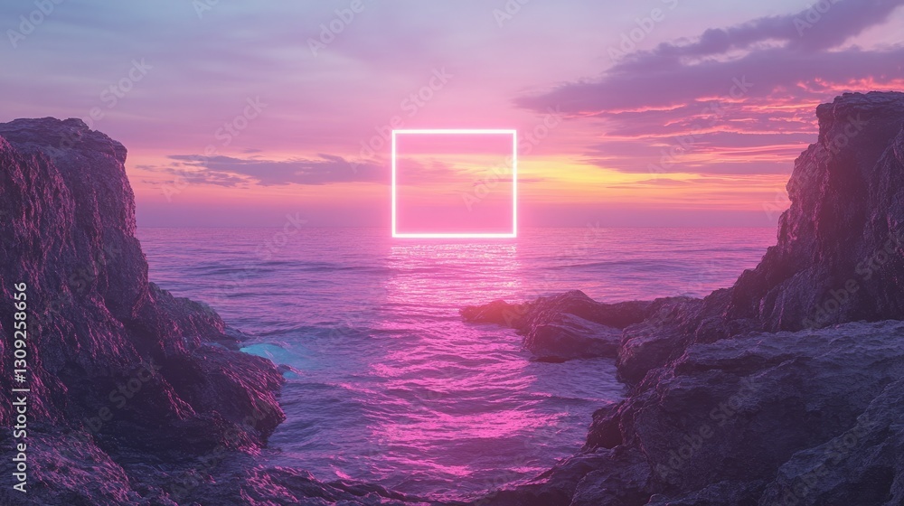 Poster a peaceful ocean view with a neon geometric square floating above the rocky cliffs, creating a spiri
