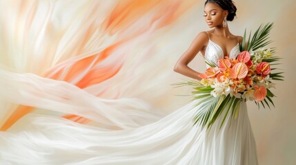 Radiant Black bride in a flowing white gown, holding a vibrant tropical bouquet with anthuriums and palm leaves, set against a soft pastel background