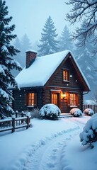Fototapeta premium Snowflakes gently fall on a serene winter cottage roof, cozy cottage, frozen world, winter wonderland