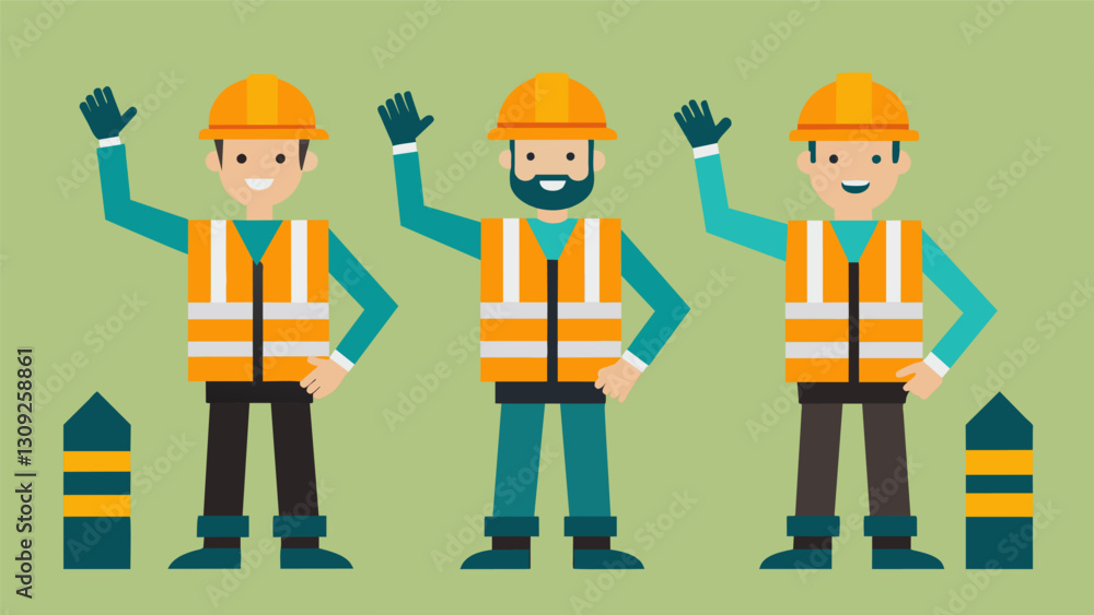 Poster workers wearing reflective vests and hard hats use hand signals and whistle commands to guide the mo