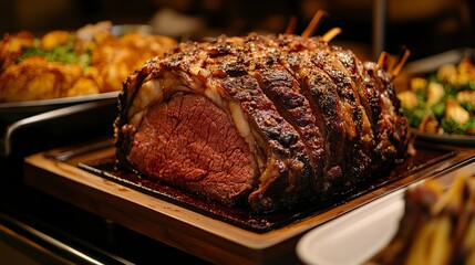 Prime rib displayed at a buffet carving station, juicy meat glistening, beautifully roasted exterior, soft warm lighting enhancing appetizing details, close-up, wide-angle shot. 