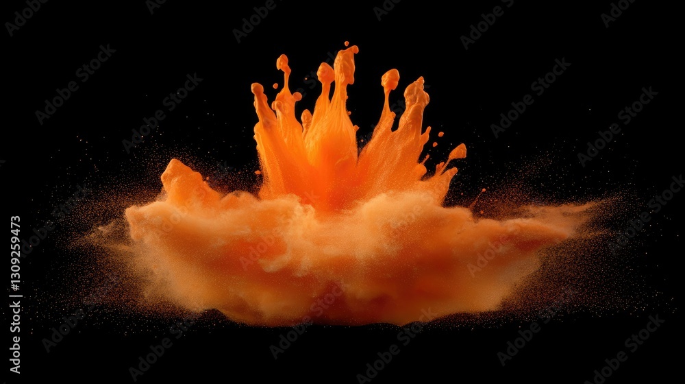 Poster a powerful visual of vibrant orange pigment exploding in a dust-like burst, forming a unique abstrac