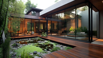 A modern house with large windows and a wooden terrace
