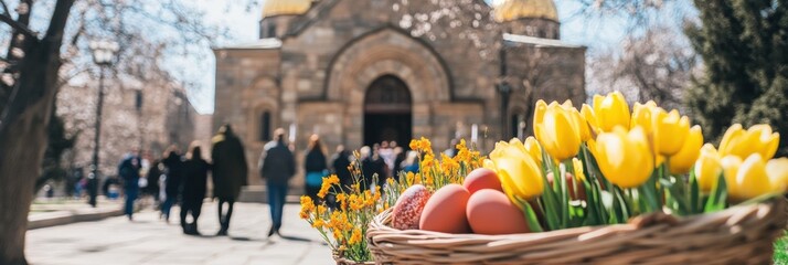 Orthodox Easter. Easter basket with colored eggs against the background of the cathedral. People going to church service.