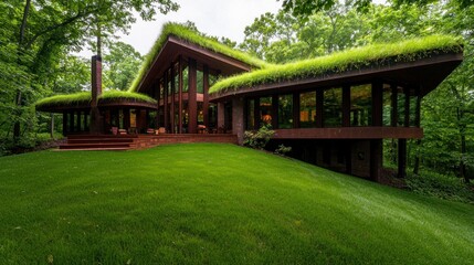 Green roof house, wooded landscape, sustainable home design, architectural photography