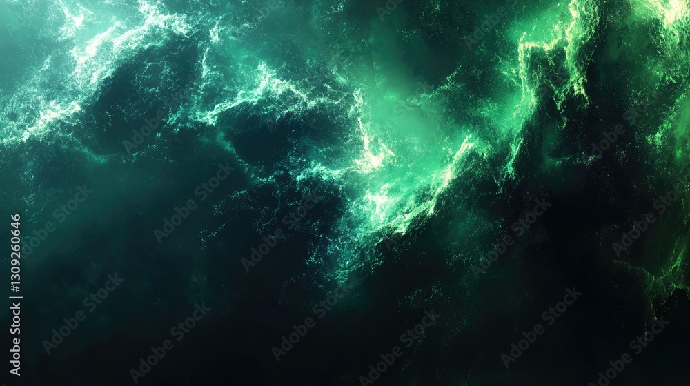 Poster a sci-fi technology backdrop with flowing digital particles in green and blue, creating a futuristic