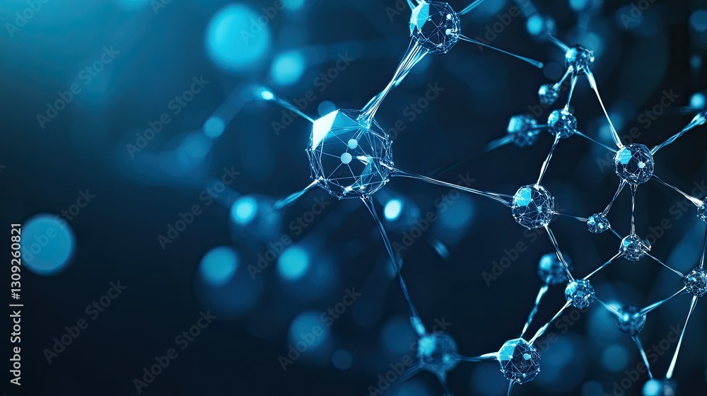 Poster a science-driven abstract background with interconnected molecules and a futuristic blue gradient.