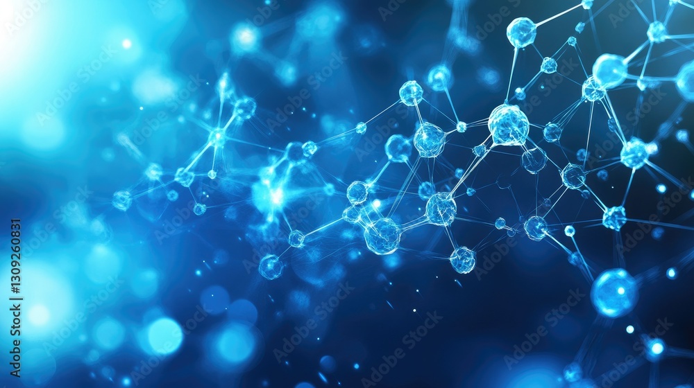 Poster a science-driven abstract background with interconnected molecules and a futuristic blue gradient.