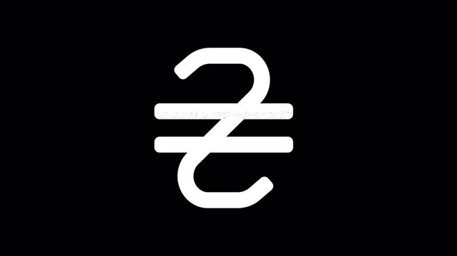 Icon hryvnia is distorted. Glitch. Noise, chromatic aberration, geometric distortion. Transparent background, looped. In-Out looped. Alpha BW at the end