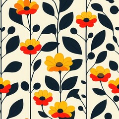 Vibrant Floral Pattern with Bold Colors and Leafy Designs