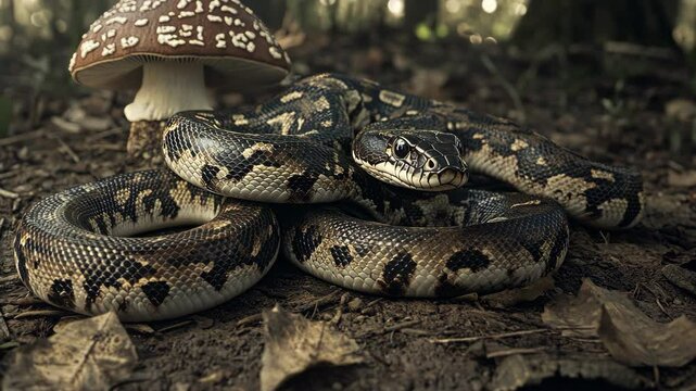 Close encounter with a python coiled near a large mushroom in a forest setting during daylight