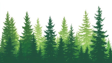 Obraz premium Silhouette of a dense pine forest against a white background, tall evergreen trees with varying heights, clean minimalist contrast, sharp vector style 