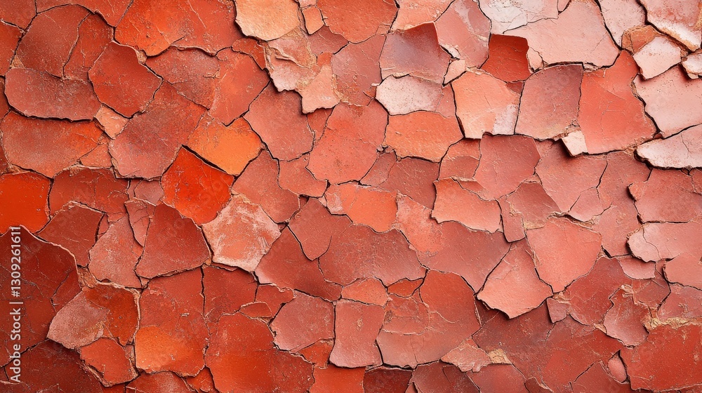 Poster a close-up view of textured, red terracotta tiles arranged in a mosaic pattern, showcasing weathered