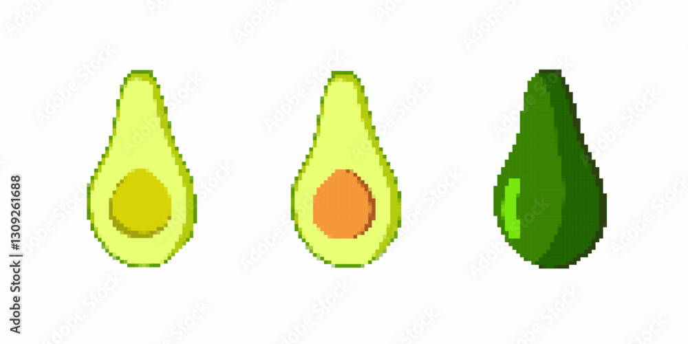 Poster three pixel art avocados with two halves and one whole. each avocado features different color tones.