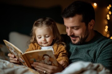 Father reading a storybook to daughter in cozy evening setting at home