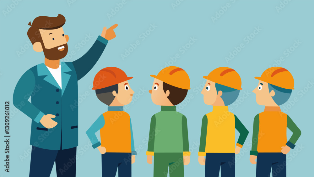 Poster workers look up to the foreman for guidance and approval as he directs them towards the next task.. 
