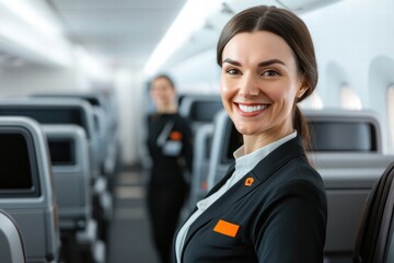Flight attendant smiling warmly while interacting with passengers on a modern airplane