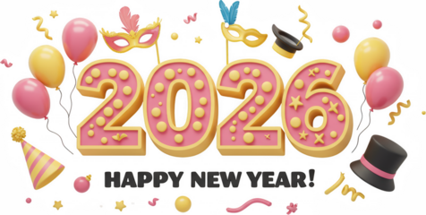 Festive 2026 New Year s Design Balloons Confetti and Party Hats