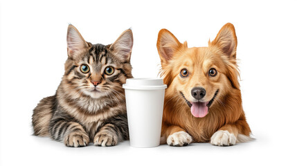Obraz premium Cute Cat and Dog with Coffee Cup on a Transparent Background